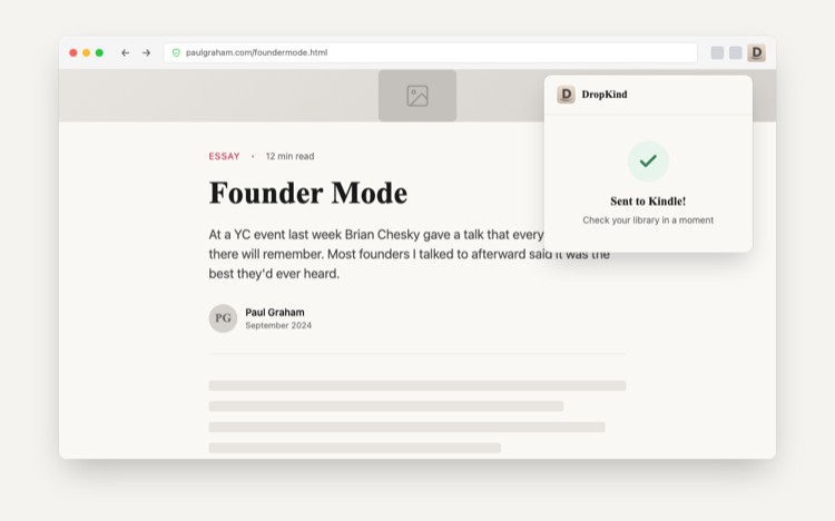 DropKind Chrome extension confirming an article was sent to Kindle