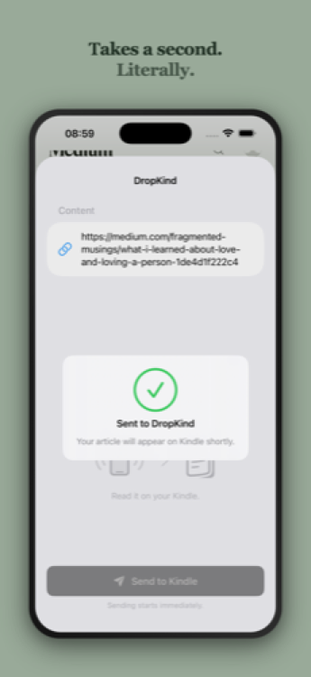 DropKind confirms the article was sent to your Kindle