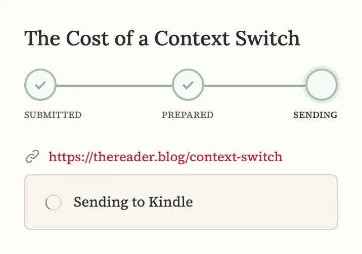 The DropKind app tracking an upload on its way to the Kindle: submitted, prepared, sending.