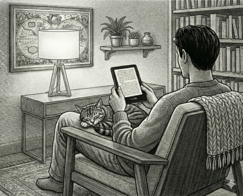 Person reading comfortably on a Kindle in a cozy room