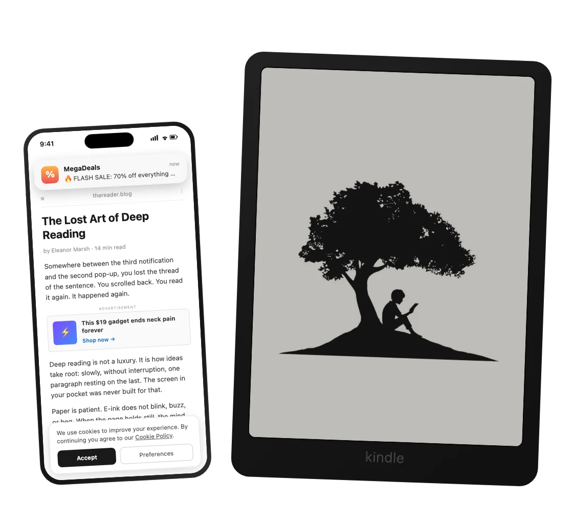 A phone screen cluttered with a sale notification, an ad and a cookie banner next to a Kindle showing the same article as a clean, readable page