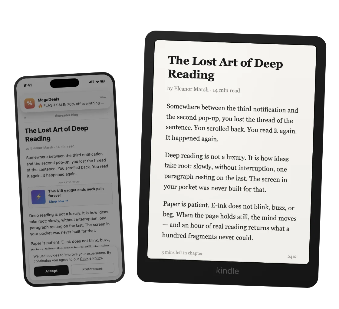 A phone screen cluttered with a sale notification, an ad and a cookie banner next to a Kindle showing the same article as a clean, readable page